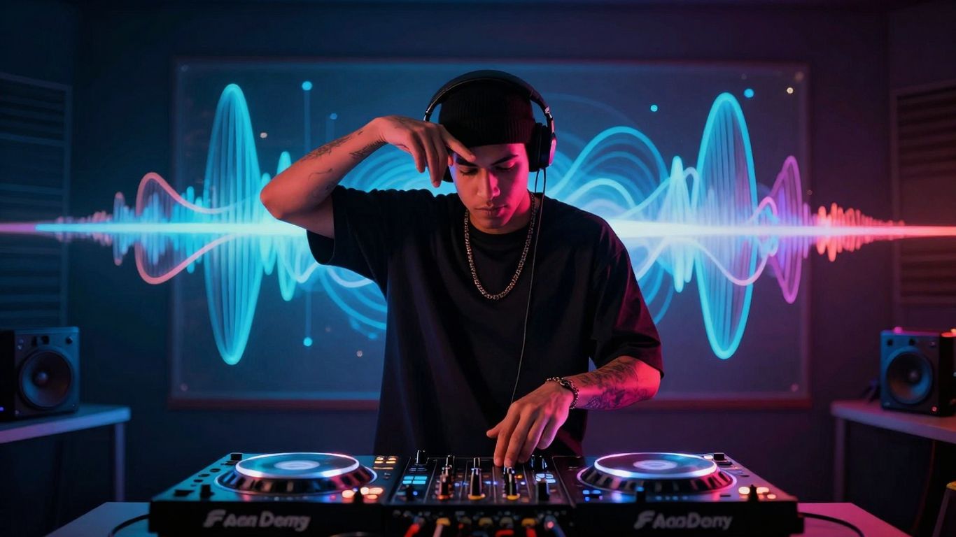 AI music interface with soundwaves and hip-hop artist.