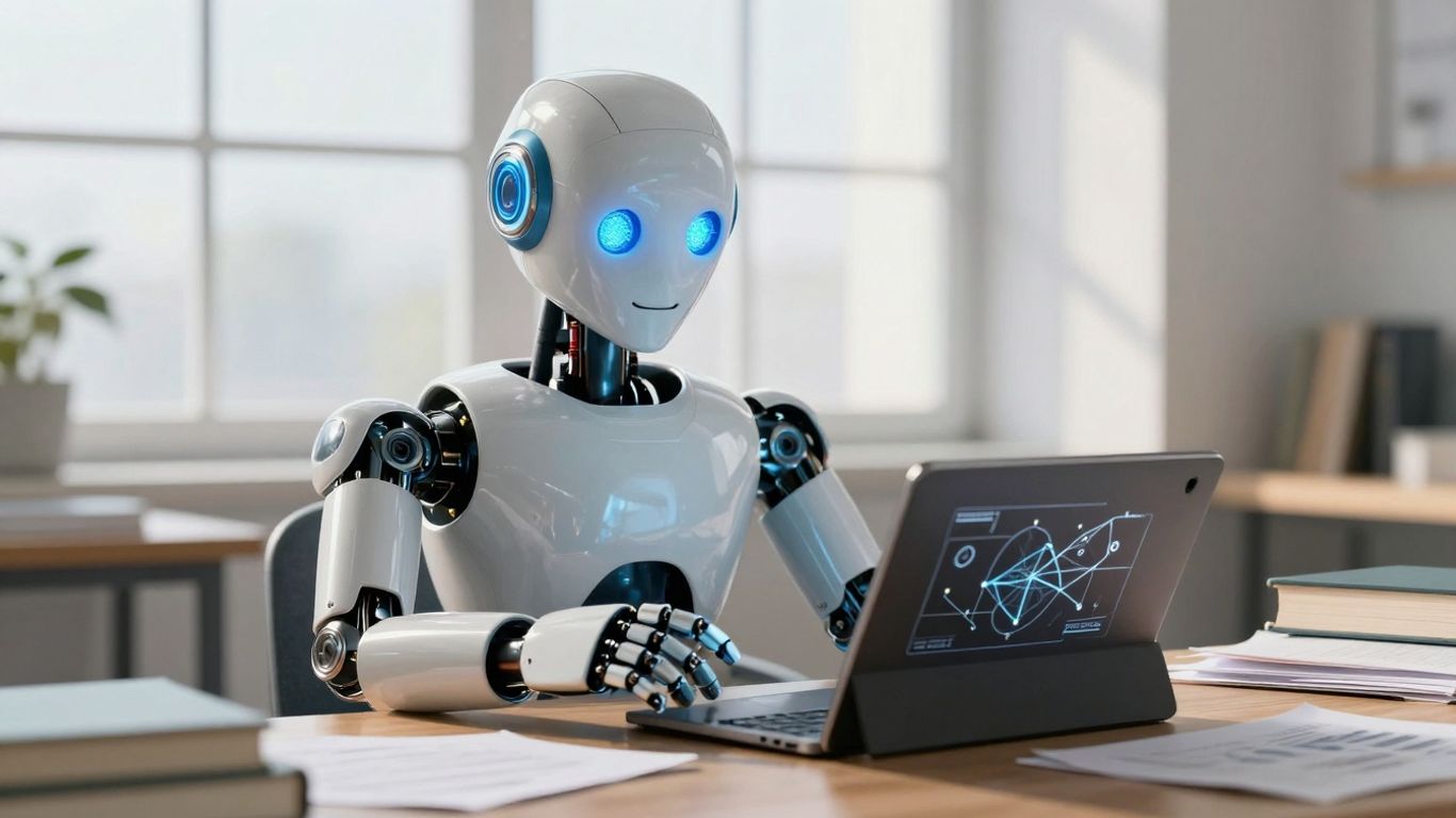 Robot studying with books and tablet.