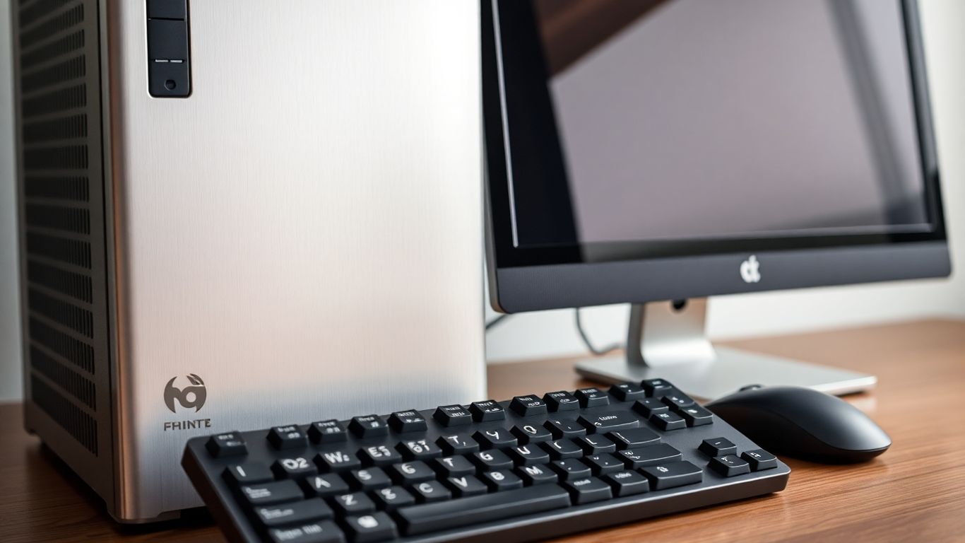 Componentes físicos de computadora: torre, monitor, teclado, ratón.