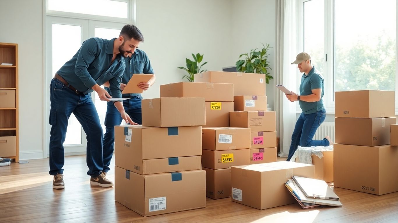 Movers labeling and organizing boxes in a modern home