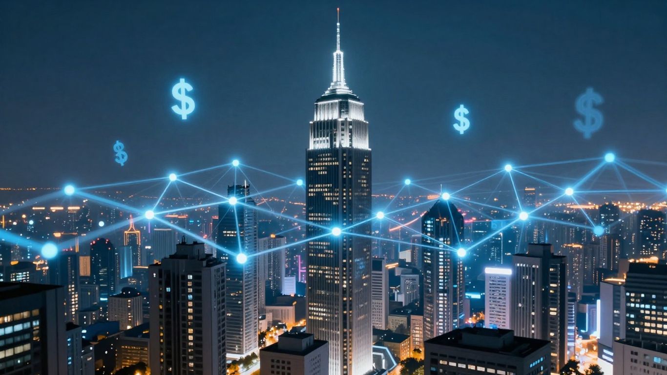 Futuristic cityscape with glowing blockchain network lines.