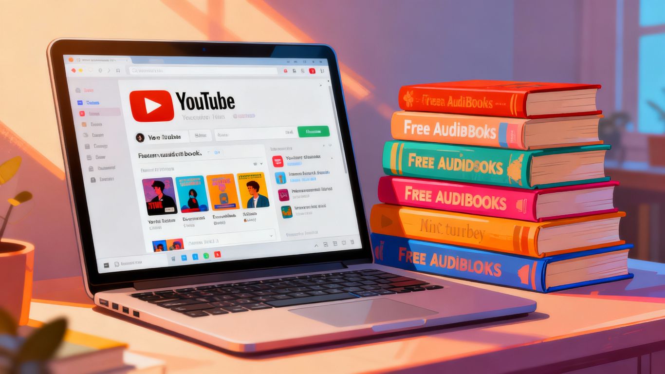 Laptop showing YouTube with books nearby