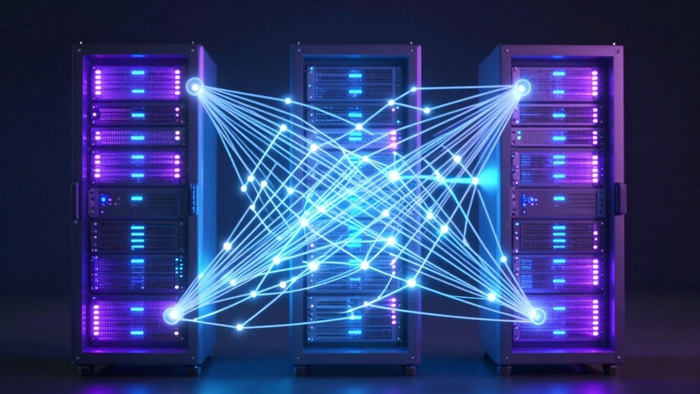 Digital network of glowing server lines and nodes.