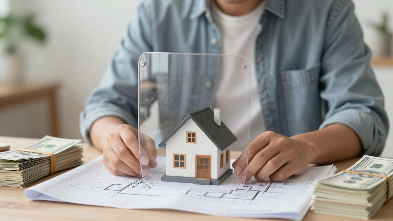 Persona revisando planos de casa con dinero y escudo protector.