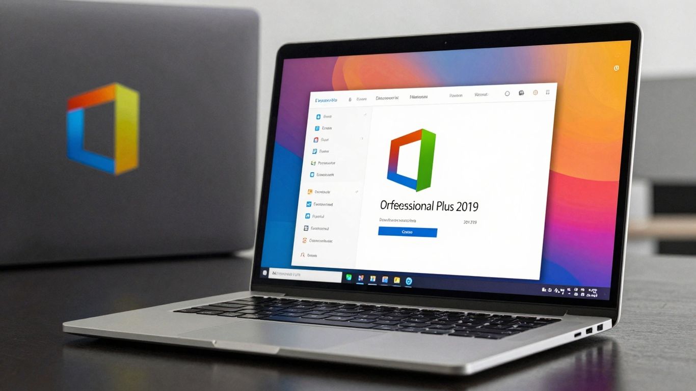 Clave de Office Professional Plus 2019 en pantalla de portátil.