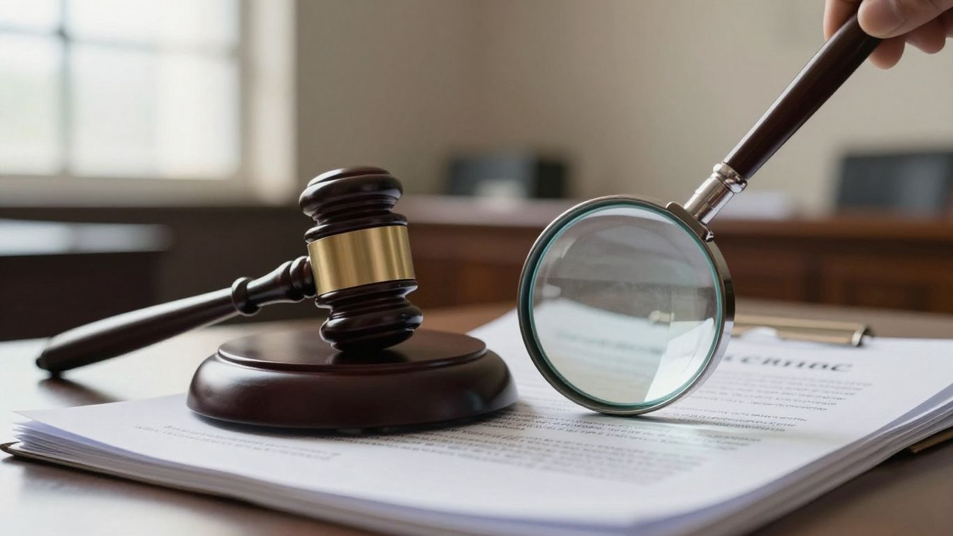 Gavel on documents with magnifying glass over contract.