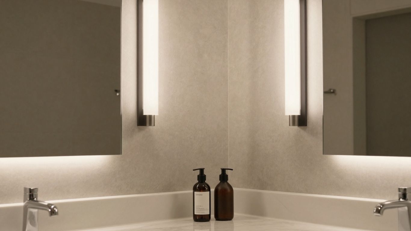 Vertical wall lights illuminating a modern bathroom vanity.