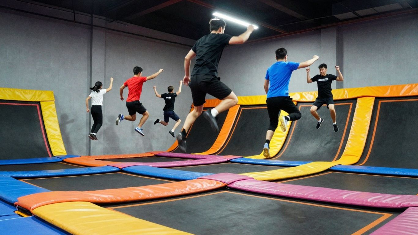 Trampoline park with people jumping and climbing.