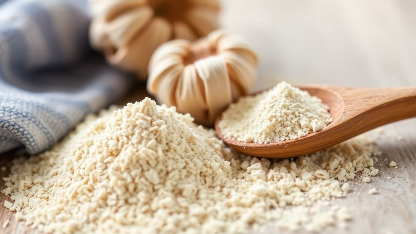 Psyllium husk powder and whole husks with a wooden spoon.