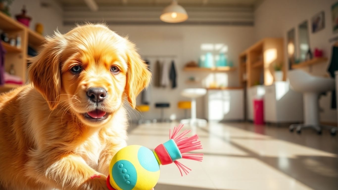 Cachorro feliz brincando com brinquedo em pet shop moderno.