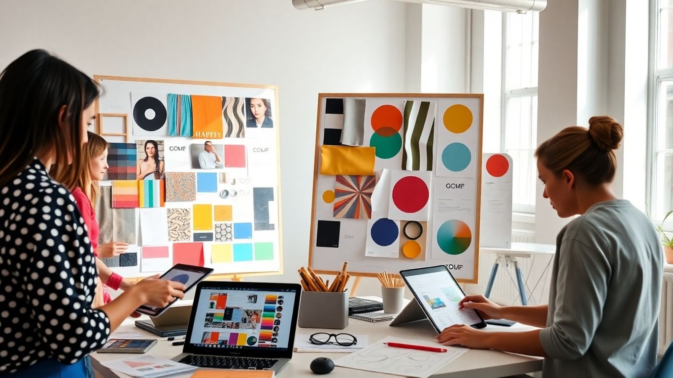 Creative team arranging branding elements in modern studio