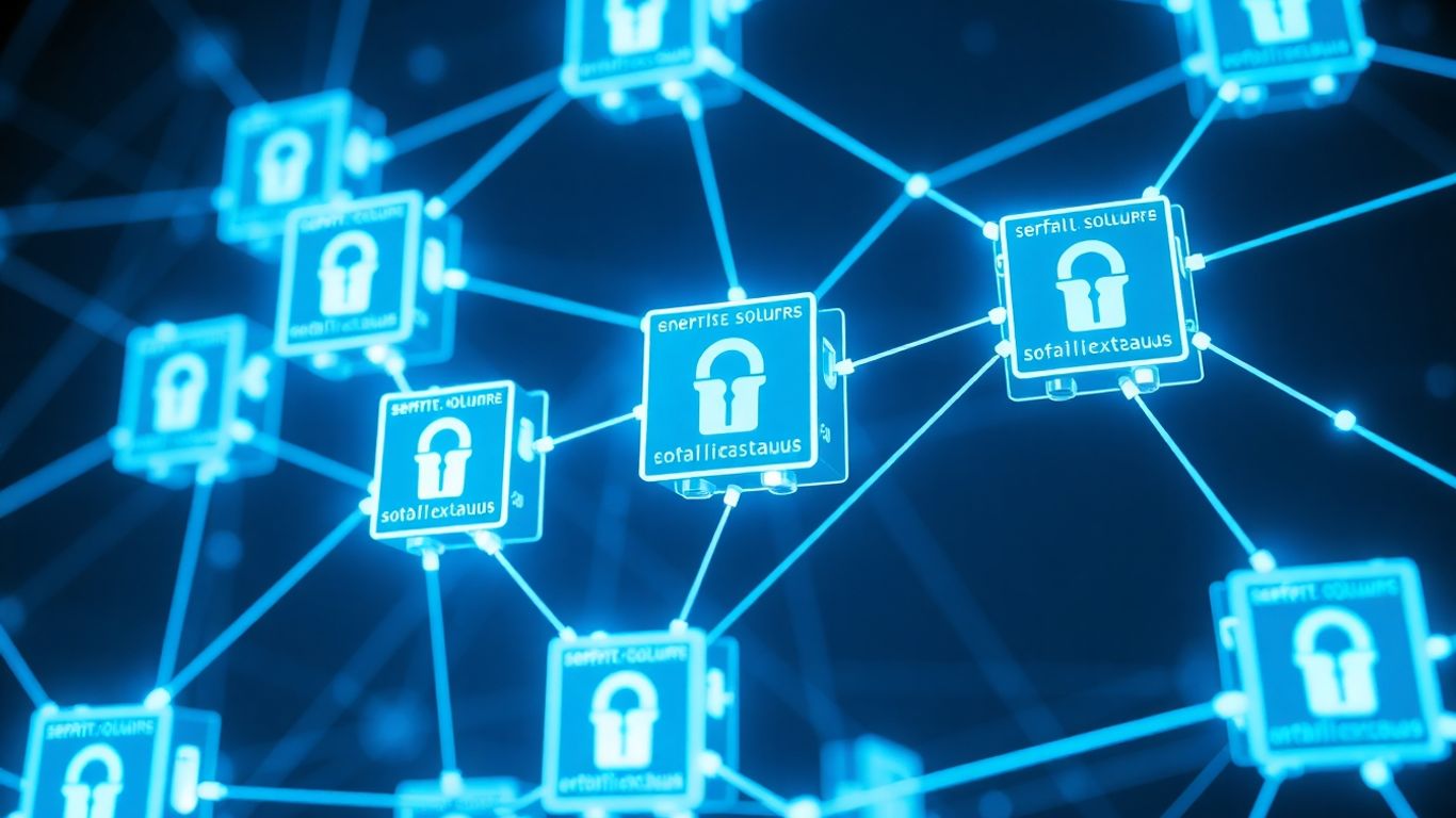 Interconnected digital blocks forming a secure network.