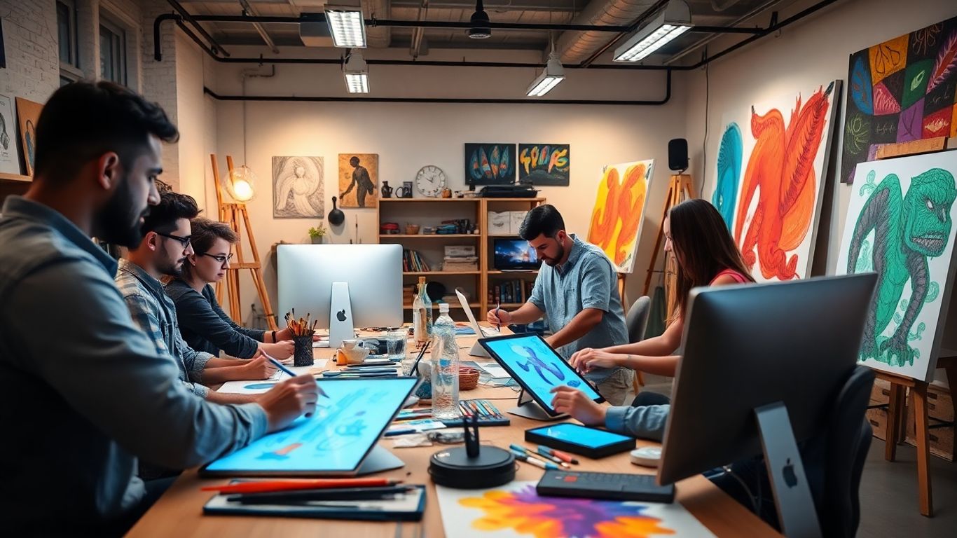 Artists using tech and traditional tools in modern studio