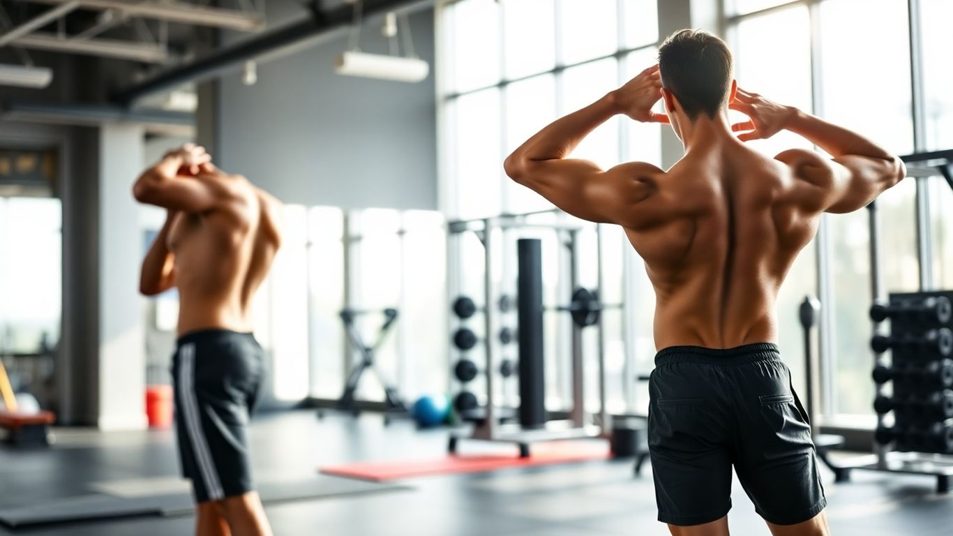 Atlet făcând stretching pentru echilibru muscular în sală.