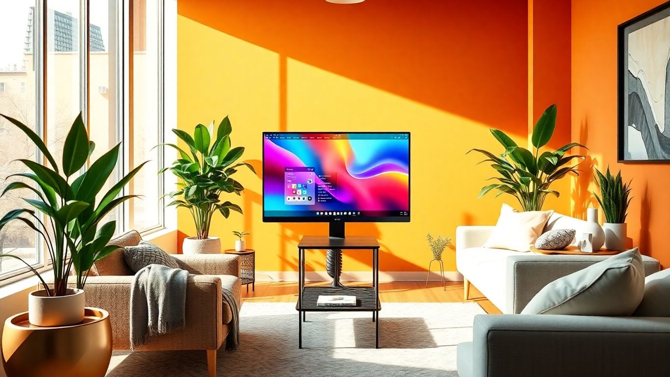 Modern workspace with colorful digital interface and sunlight.