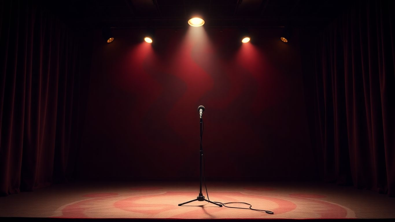 Empty comedy club stage with spotlight on microphone.
