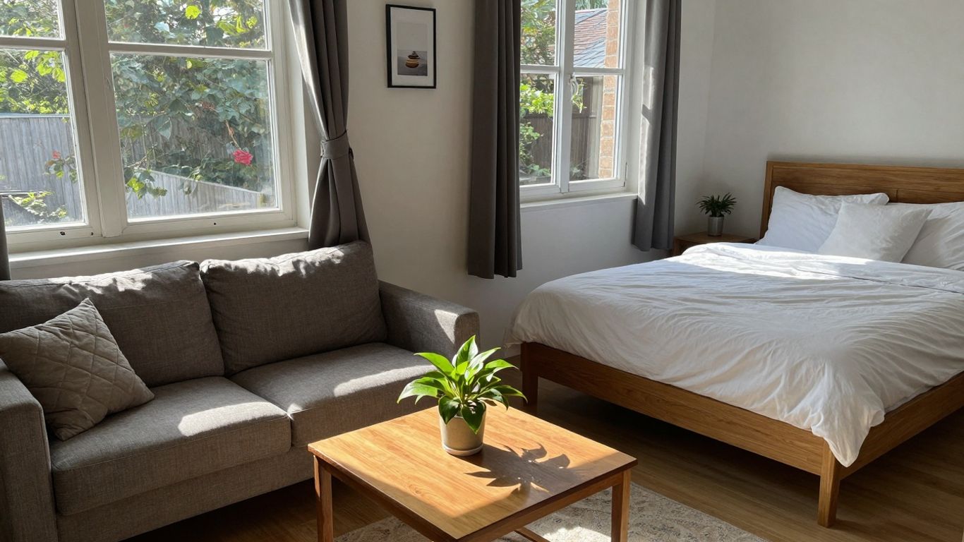 Cozy Airbnb interior with sunlight and a made bed.