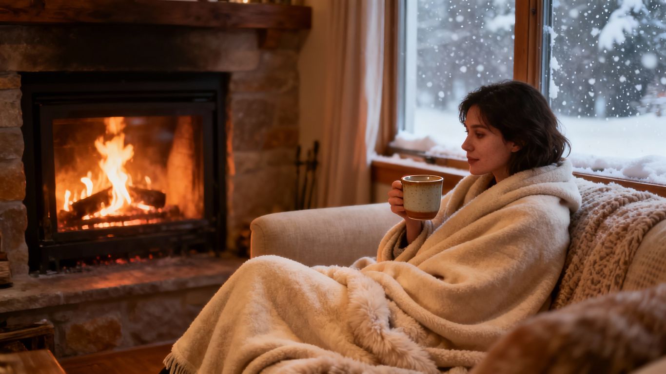 Cozy living room with fireplace, person with blanket and mug.