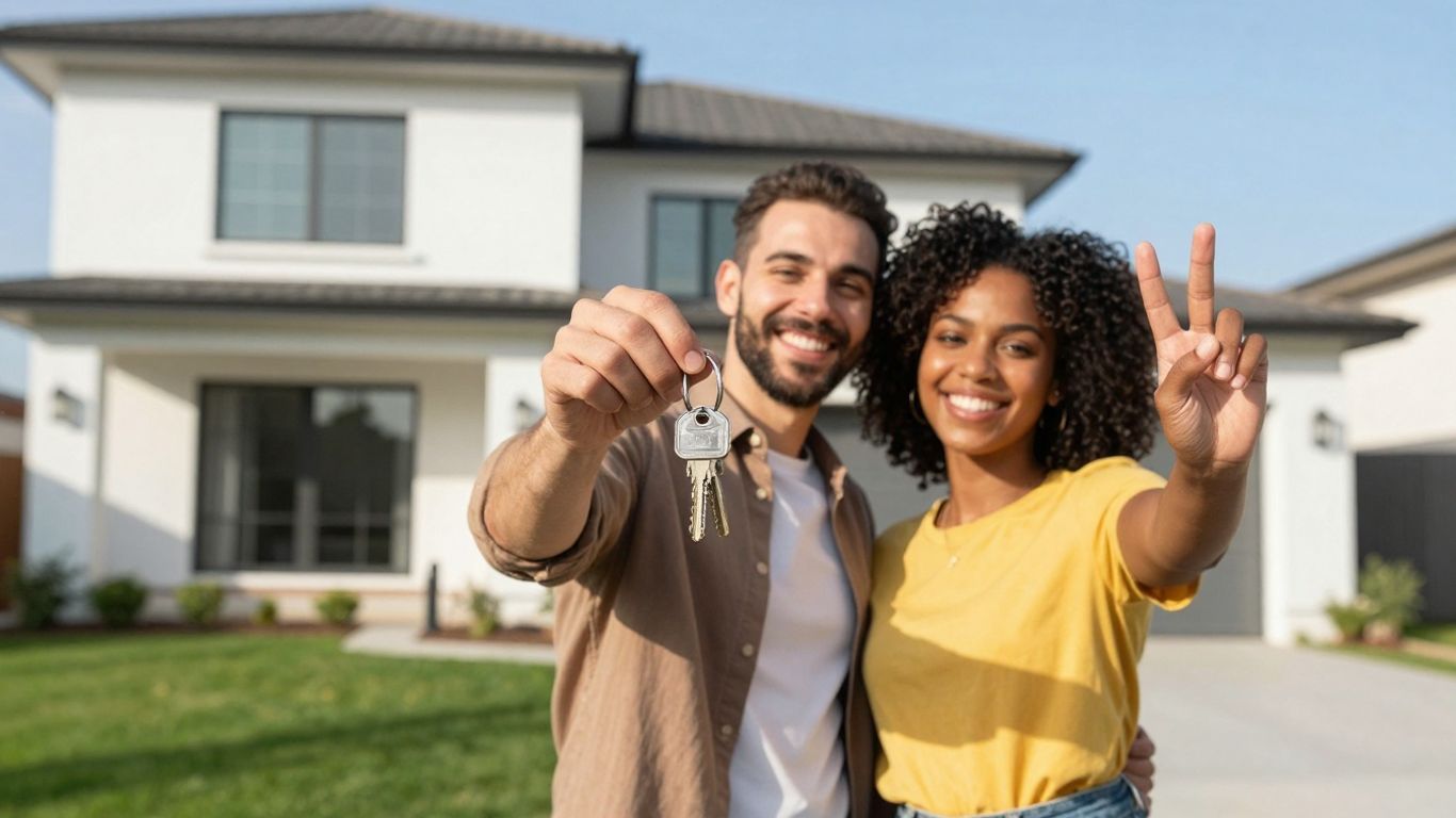 Cuplu fericit cu cheile unei case noi.