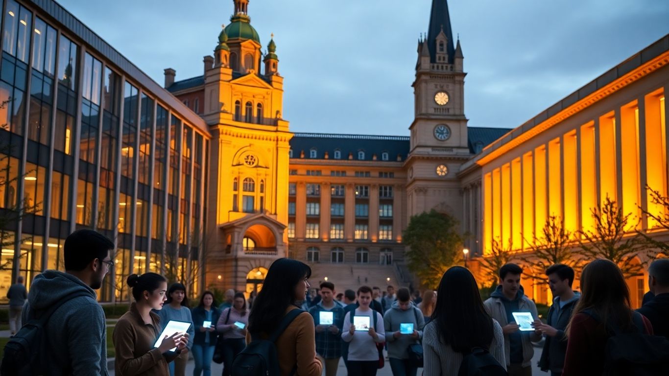 University campus with AI integration and students learning.