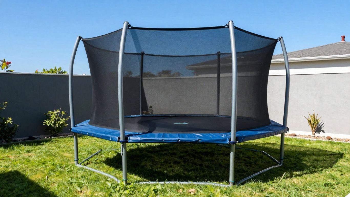 Modern square trampoline in a sunny backyard.