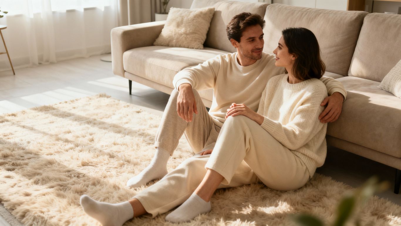Couple relaxing on a couch, hinting at a friends-with-benefits situation.