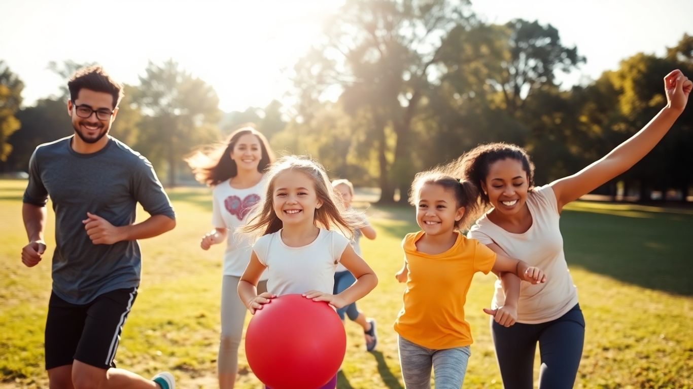 Familie activă în parc, bucurându-se de mișcare împreună.
