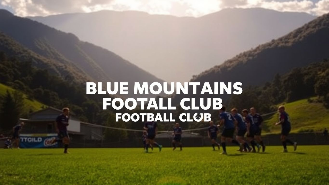 Blue Mountains Football Club players on a green field.