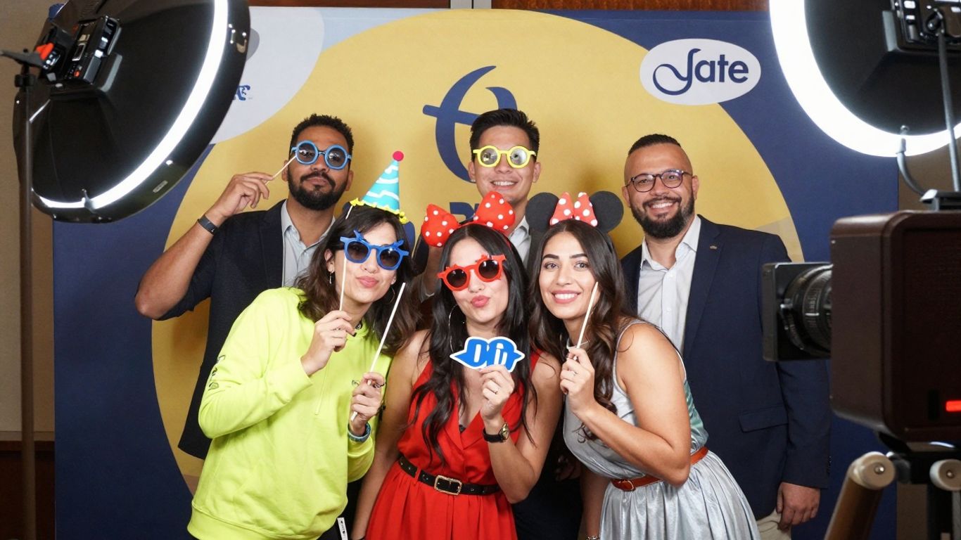 Corporate photo booth with happy guests and props.