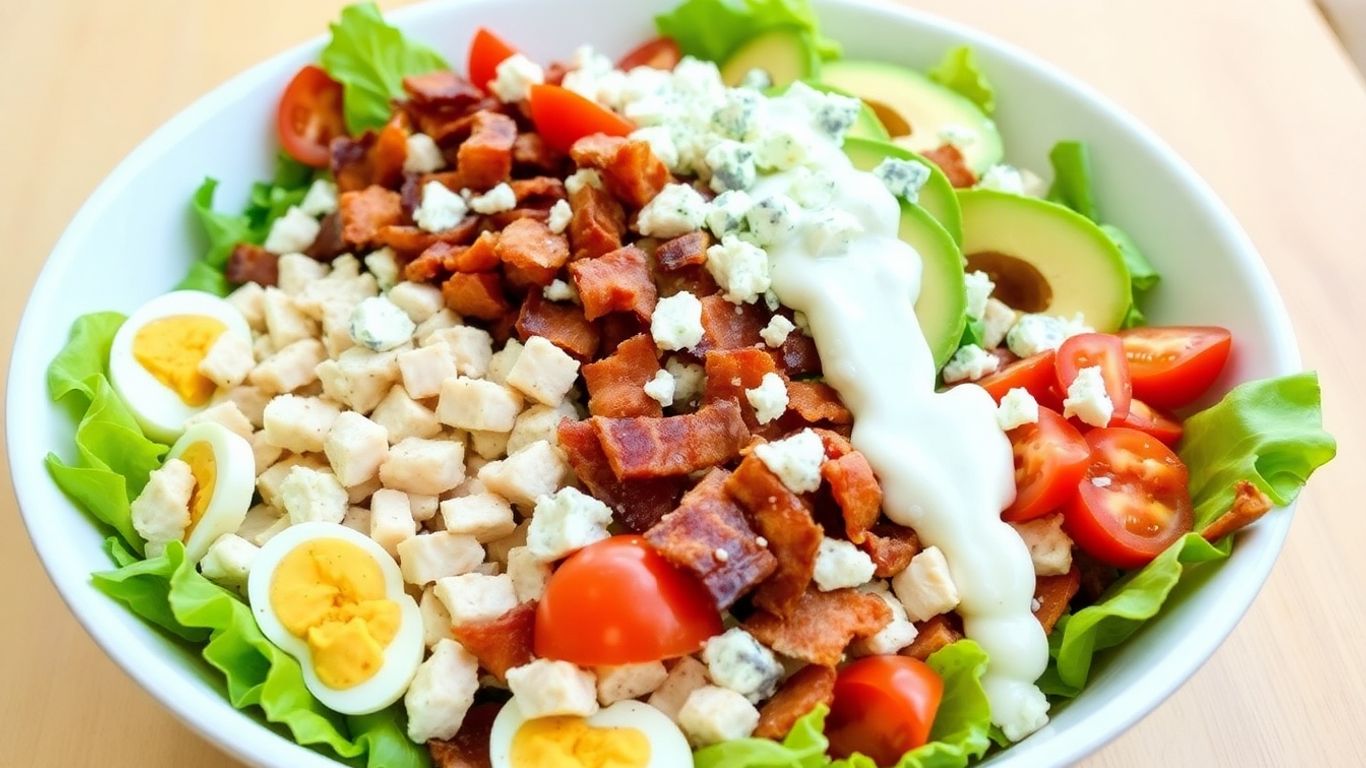 Fresh Cobb salad with chicken, bacon, eggs, and avocado.