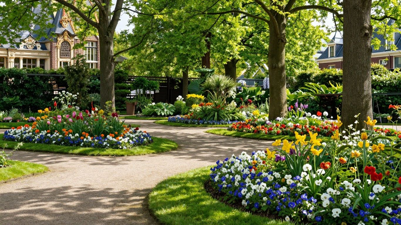Bloeiende tuinen in Apeldoorn met zonlicht en paden.