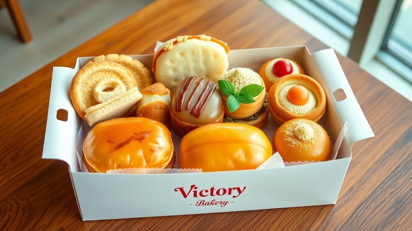 ขนมกล่องวางเรียงในกล่องสวยงามจาก Victory Bakery