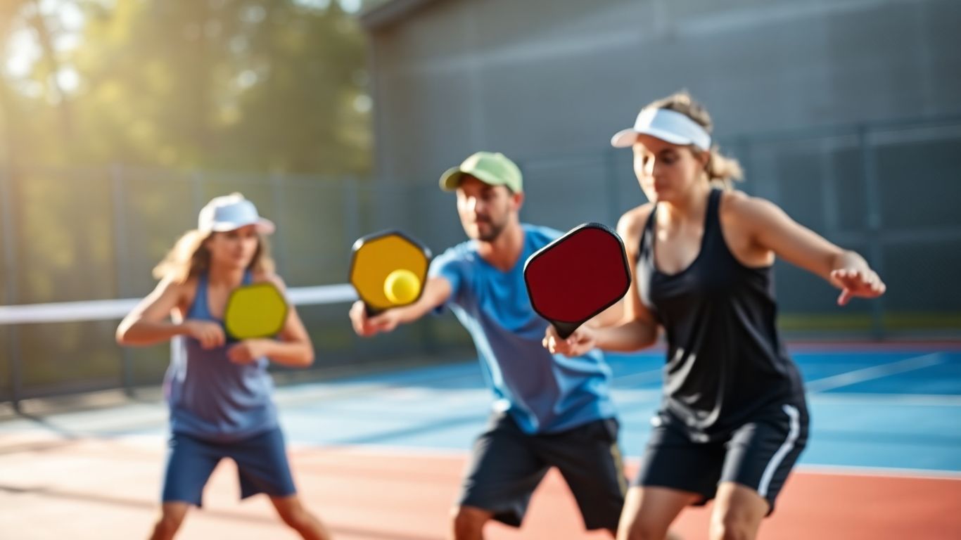 Pickleball players in action on a court.