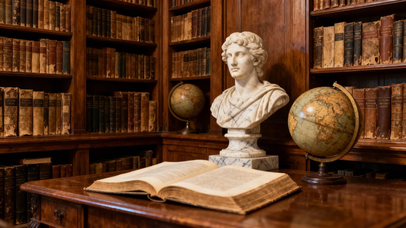 Old library shelves with philosophical books and antique decor