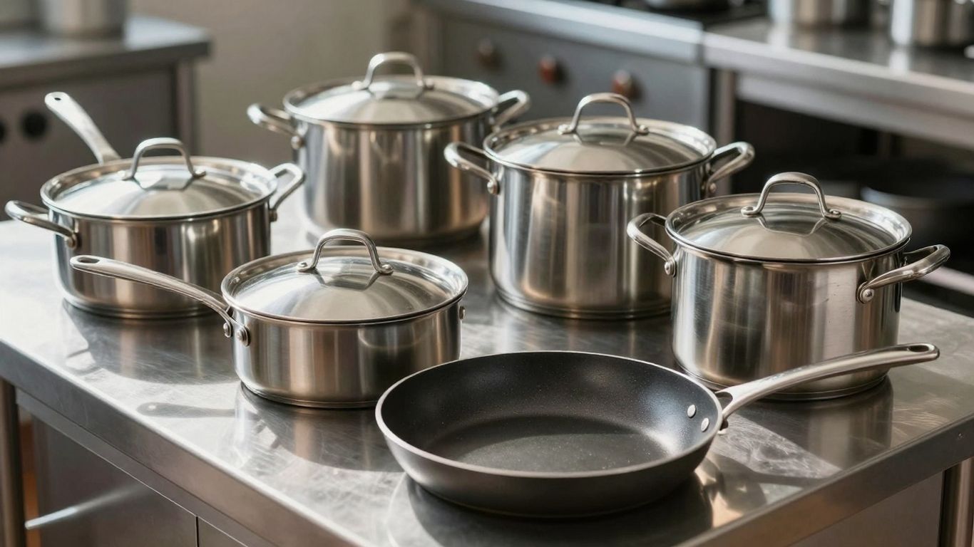 Assortment of essential commercial kitchen pans.