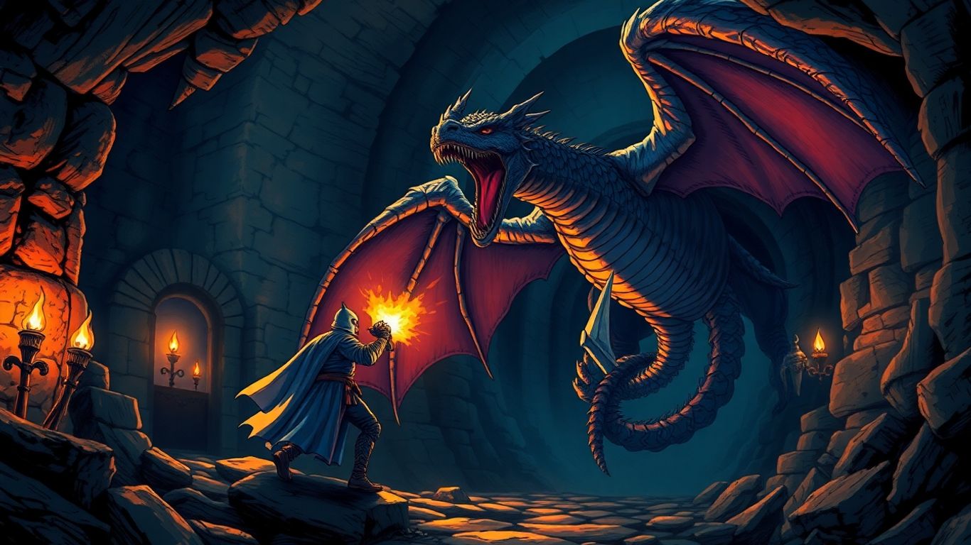 Knight fighting dragon in SNES dungeon crawler.