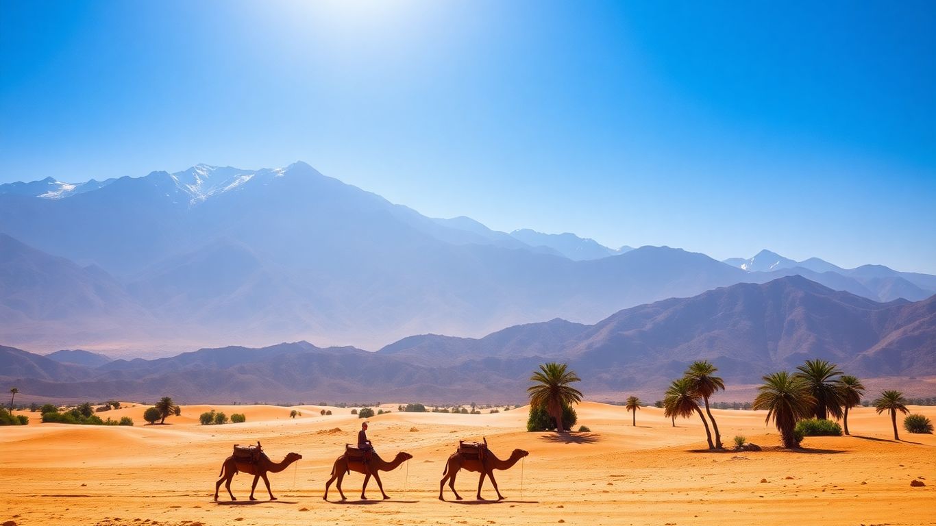 Moroccan desert landscape with Atlas Mountains and camel caravan.