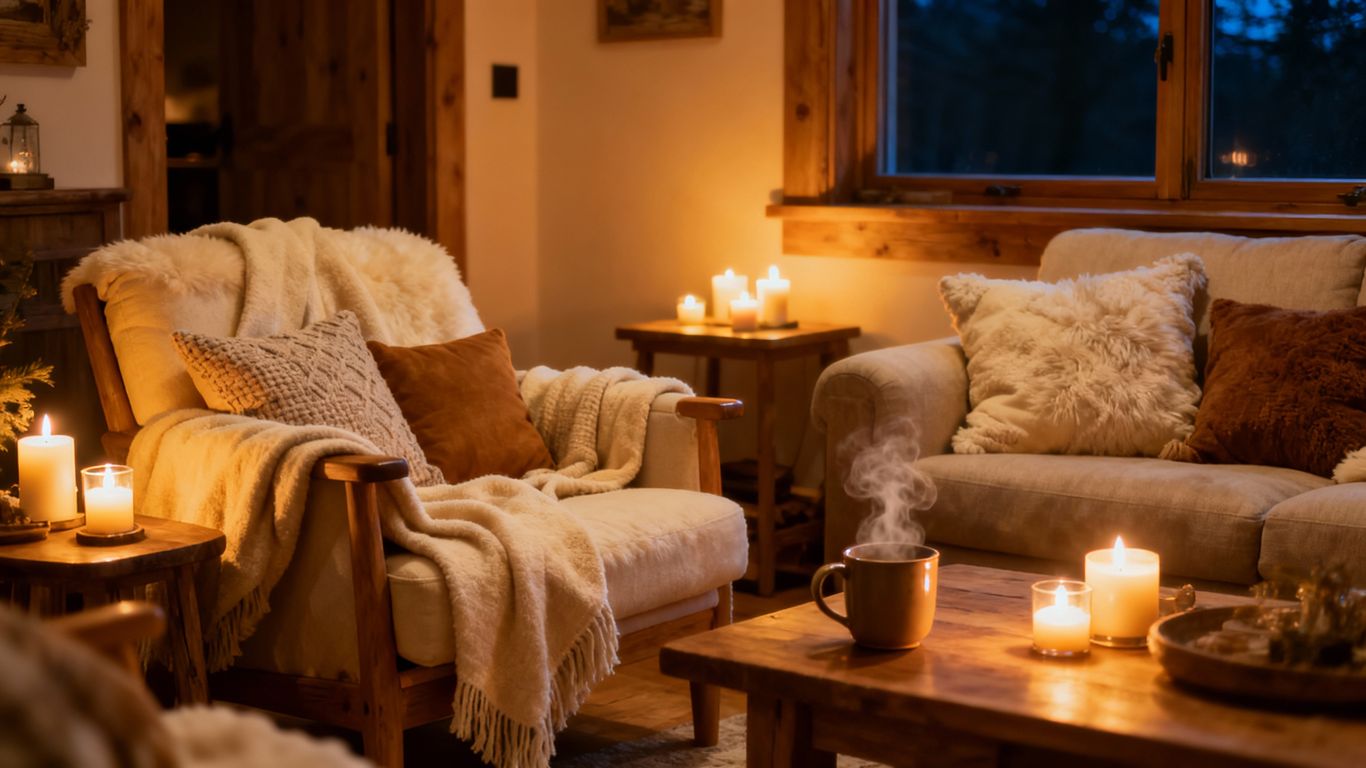 Cozy living room with candles, blankets, and warm lights