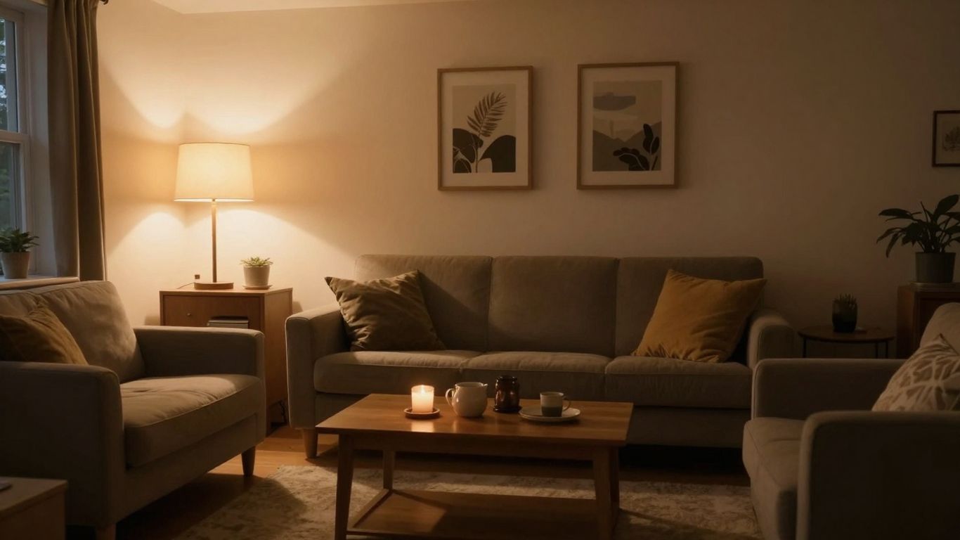 Warm ambient lighting in a modern UK living room.