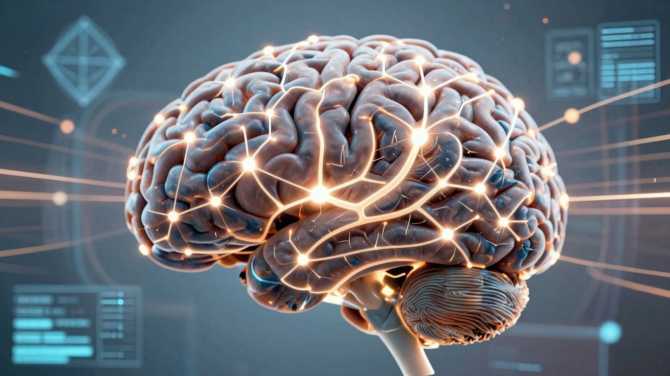 Human brain interacting with digital interface, abstract shapes.