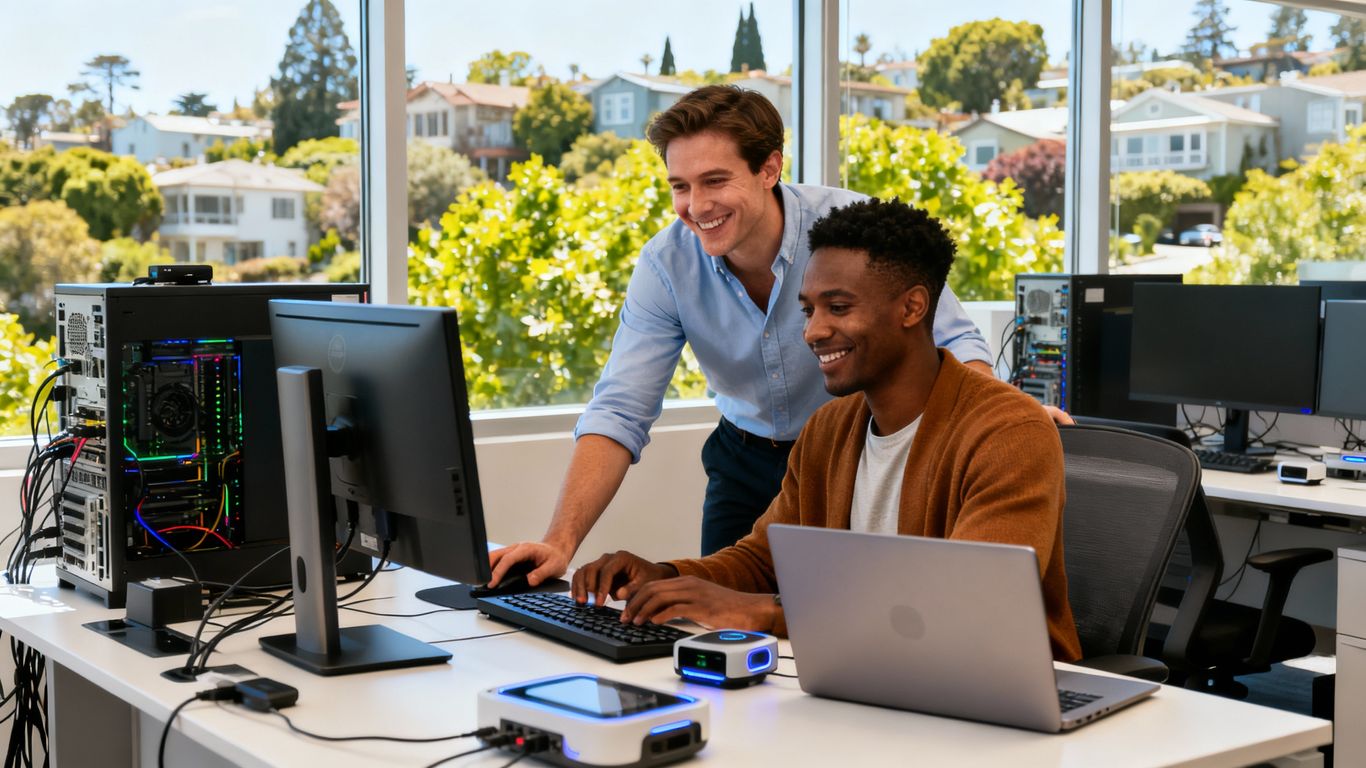 IT expert helping Berkeley resident in modern office