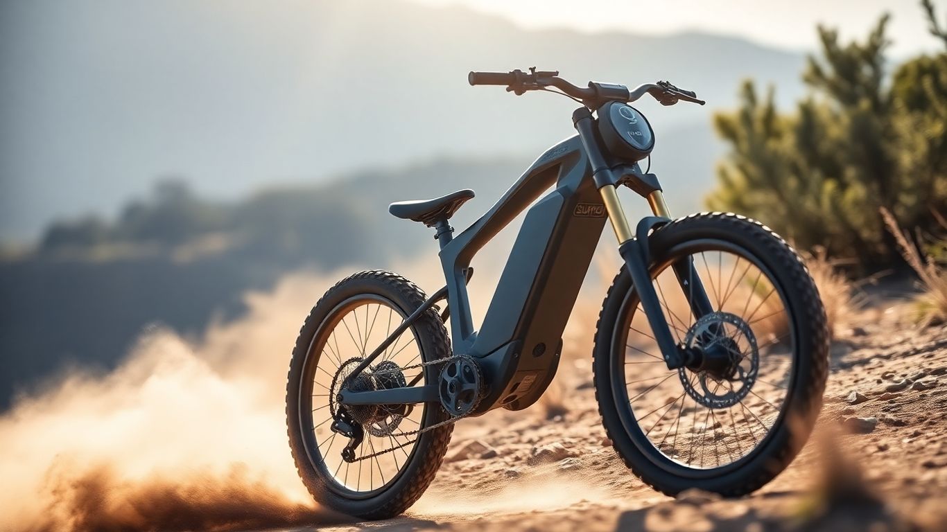 Surron electric bike riding on a dusty trail.