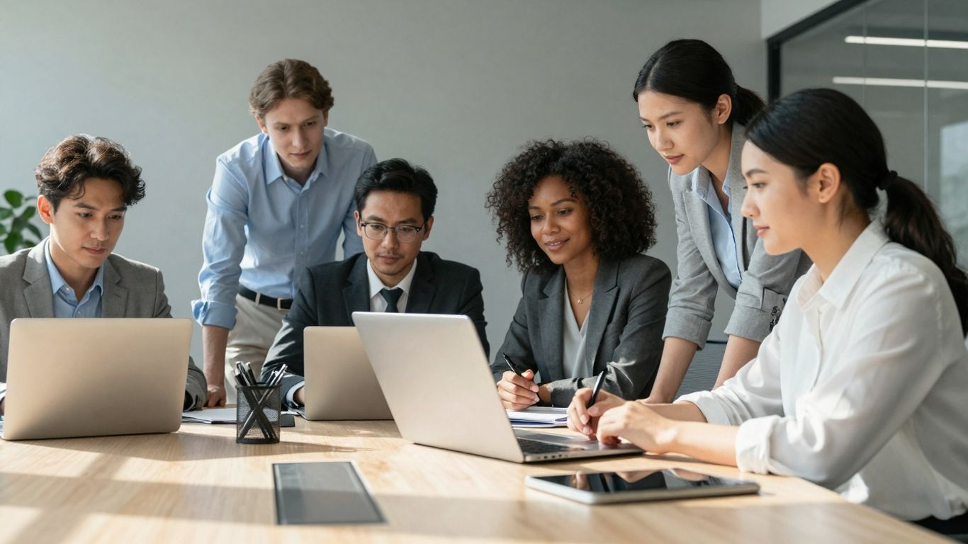 Business professionals collaborating in a modern office.