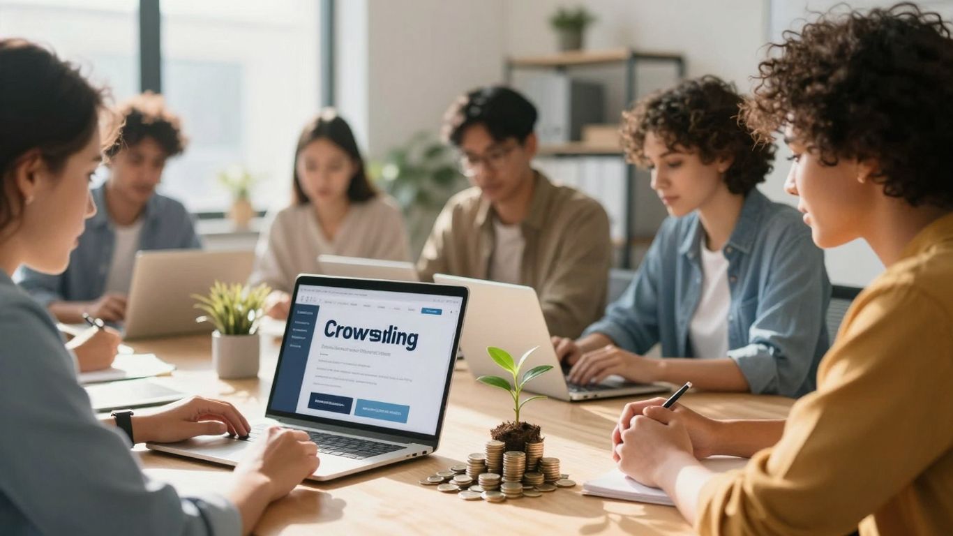 VentureCrowd platform with people and growth symbols.