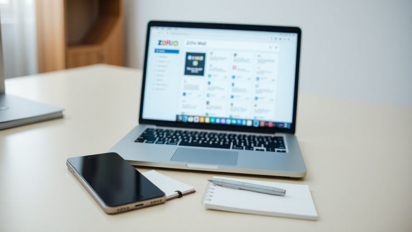 Zoho Mail service pricing overview on a laptop screen.