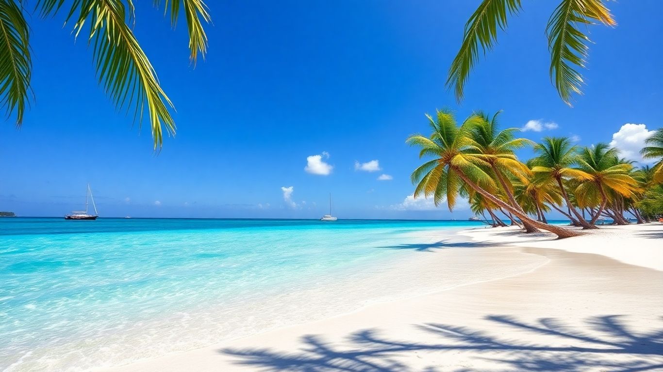 Beautiful beach in Antigua with turquoise water and palm trees.
