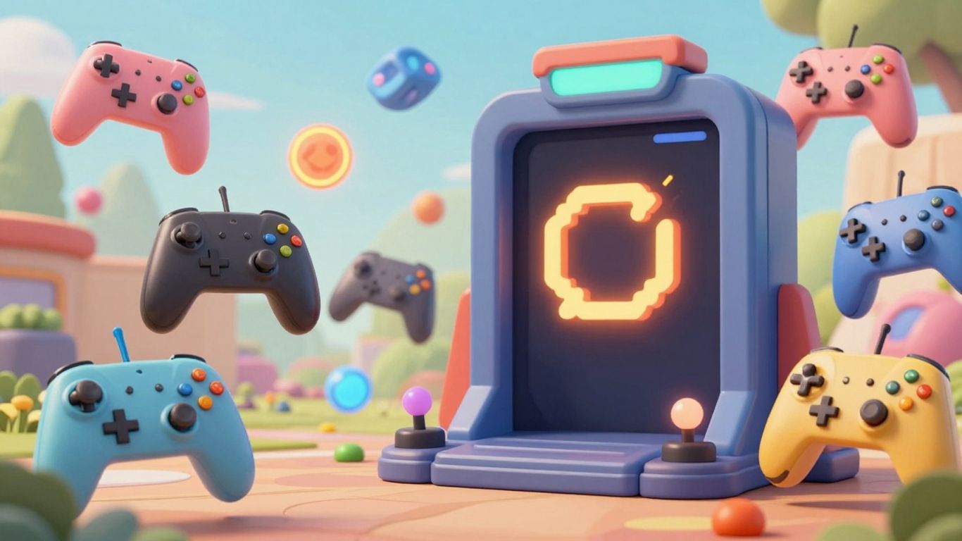 Colorful game icons and controllers around a portal.