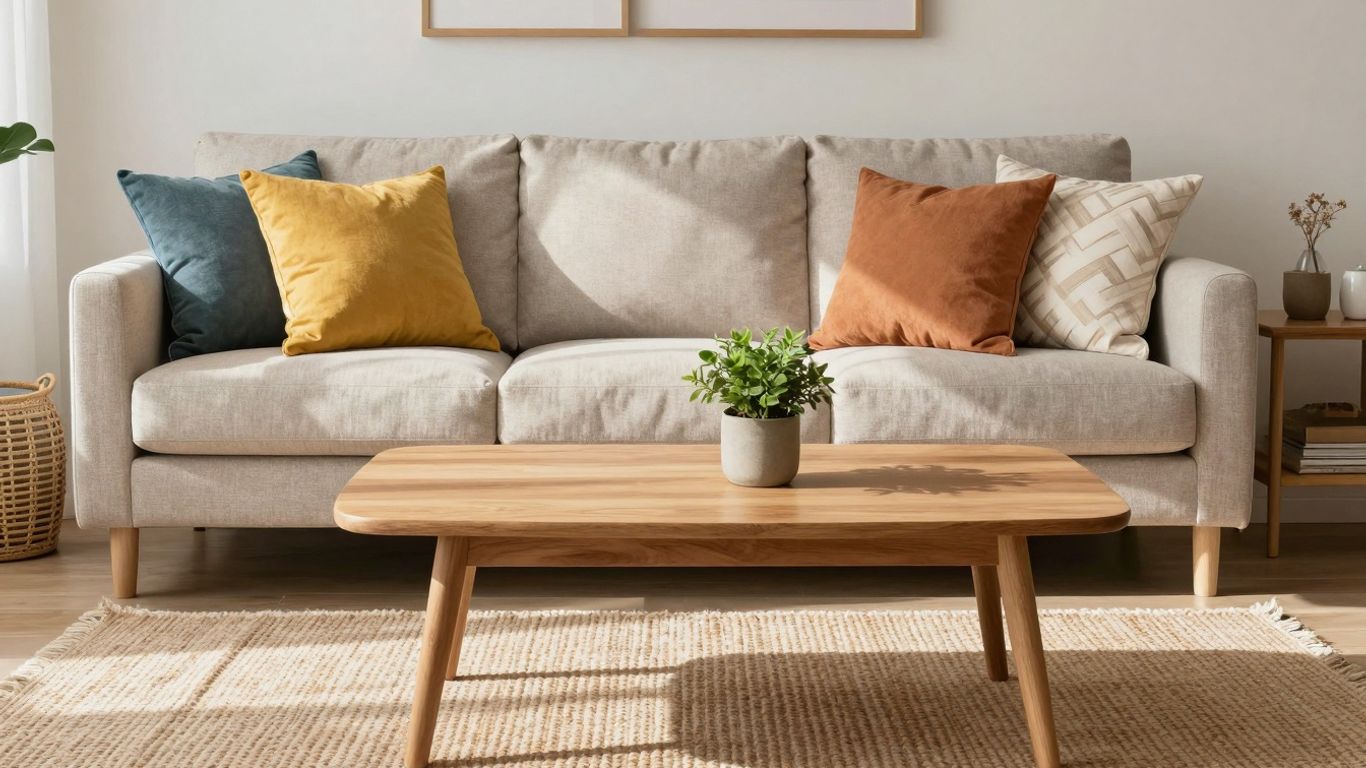 Cozy living room with colorful pillows and plants.