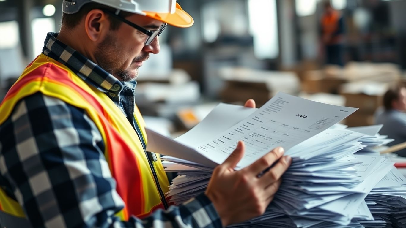 Construction worker scrutinising invoices, one subtly different.