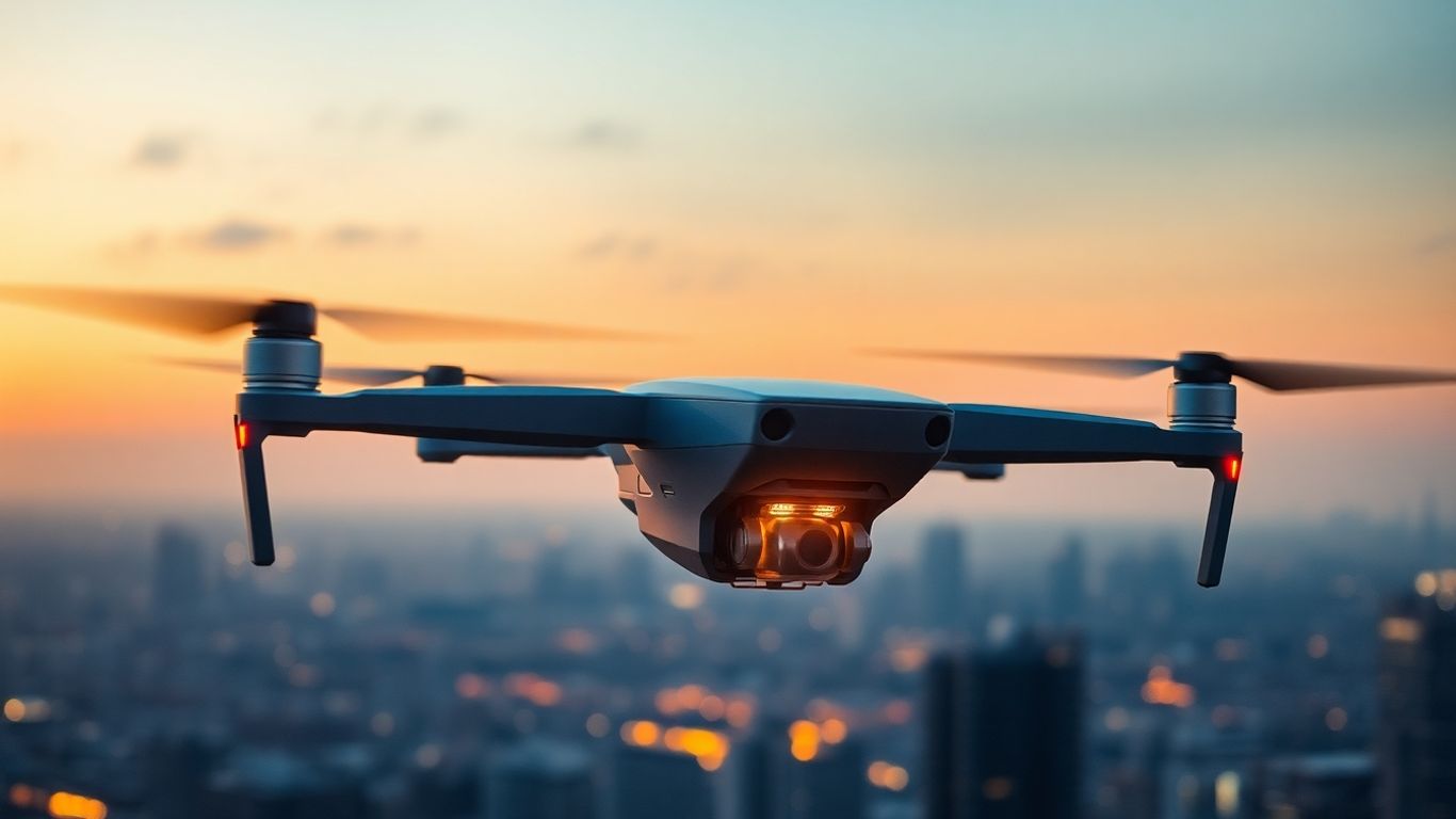 Drone flying over city at dusk